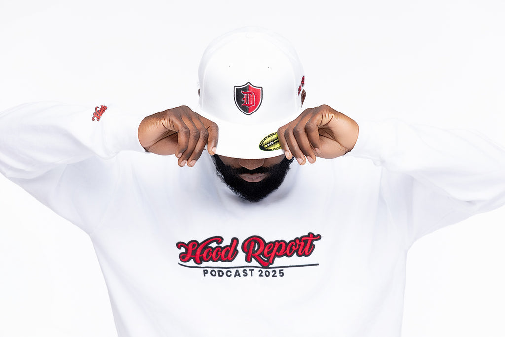 3 IN 1 COMBO WHITE DETROIT HAT FITTED, ADJUSTABLE WITH IN YO HOOD WHITE CLASSIC T-SHIRT